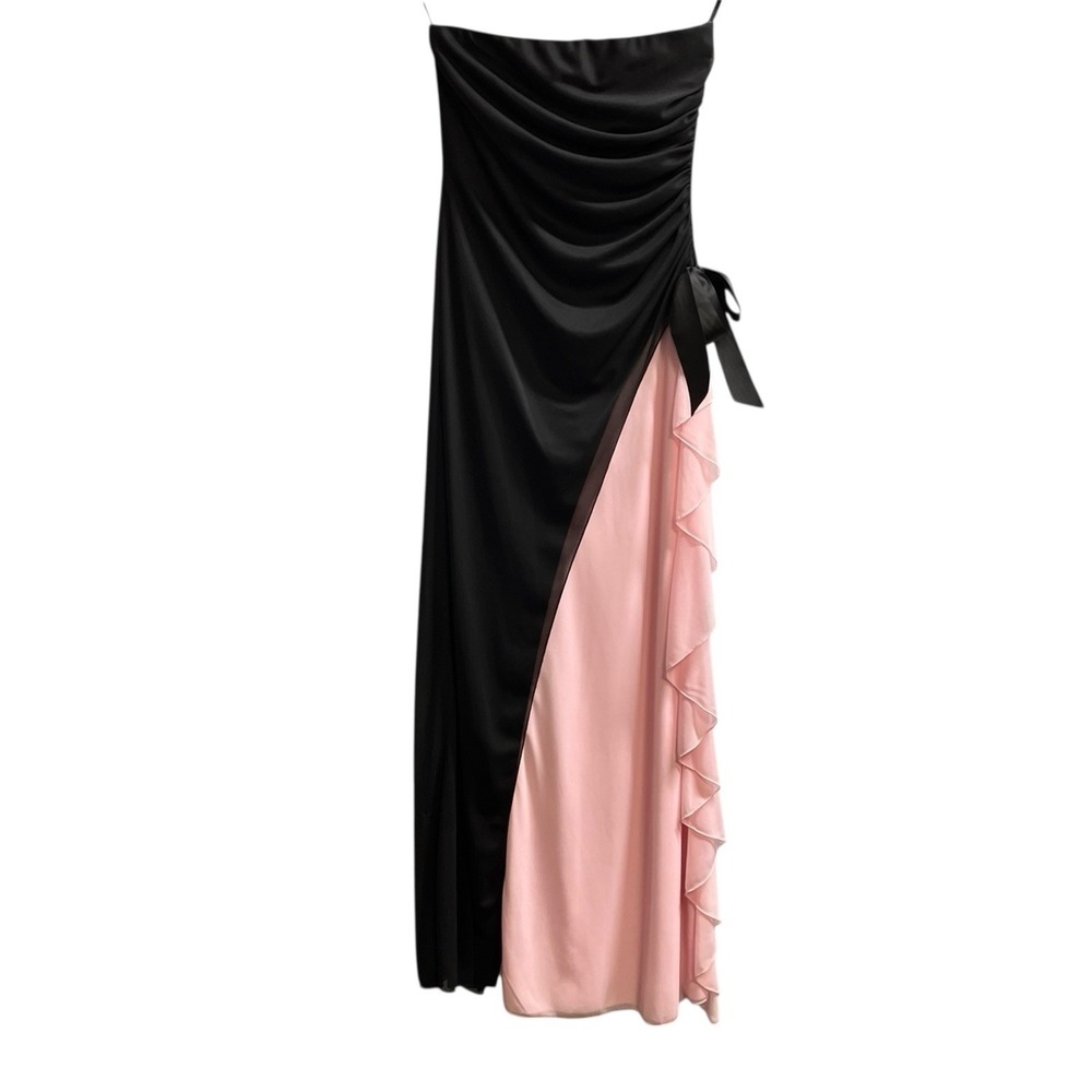 Y2K Dress Black Pink Layered Mesh Strapless Maxi Gown Size M Whimsigoth Fairy